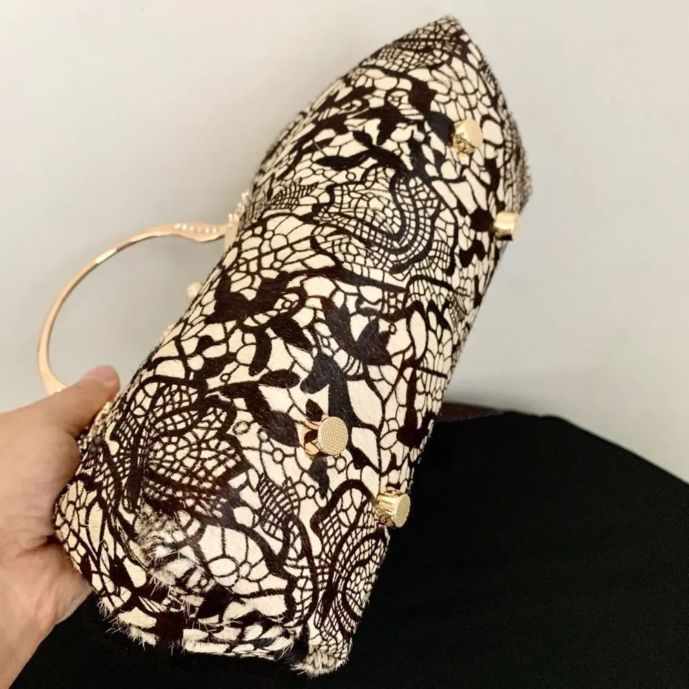 Handmade Real hair-on-horsehide Black Lace Print Kisslock Clutch/Crossbody - Picture 13 of 16